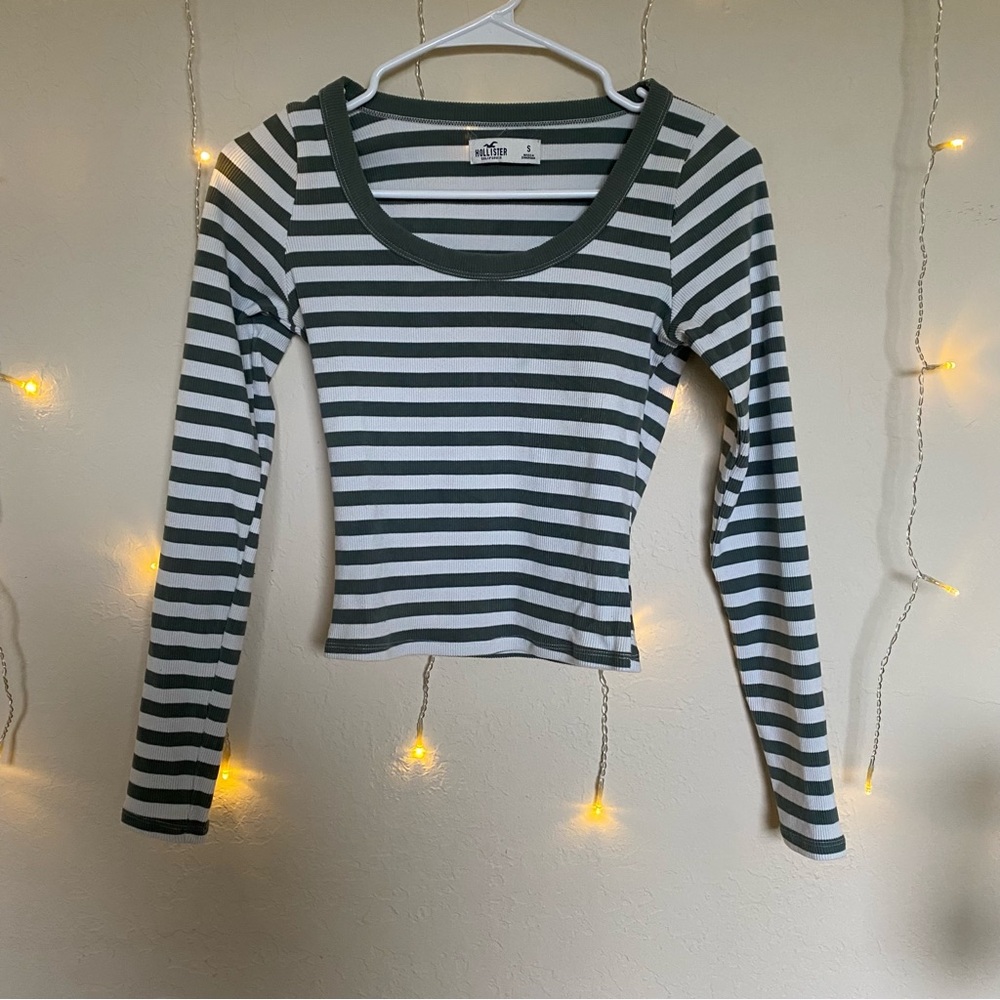 Green and White Striped Long Sleeve Tee